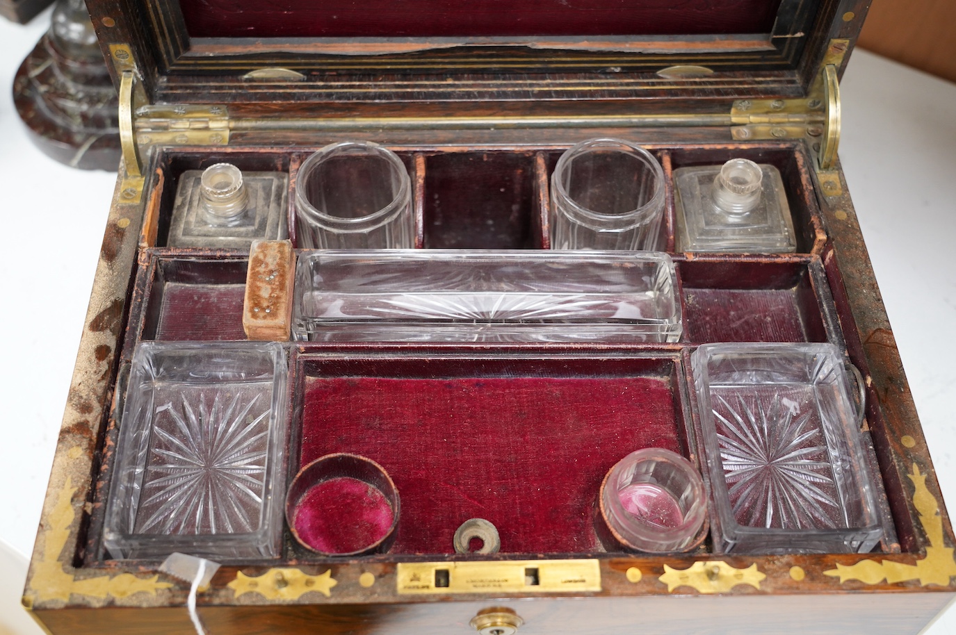 A Victorian brass bound rosewood toilet box, 36cm wide. Condition - fair to good